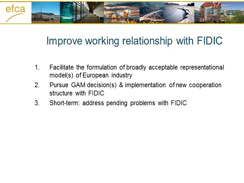 Improve working relationship with FIDIC Facilitate the formulation of broadly acceptable representational model(s) of